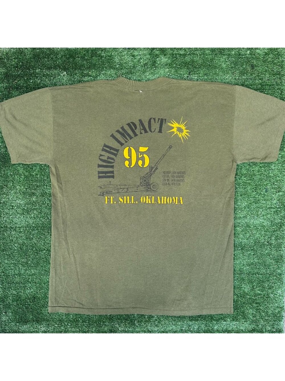 Vintage 90s USMC 14th Marines Artillery T-Shirt Olive Green XL Single Stitch